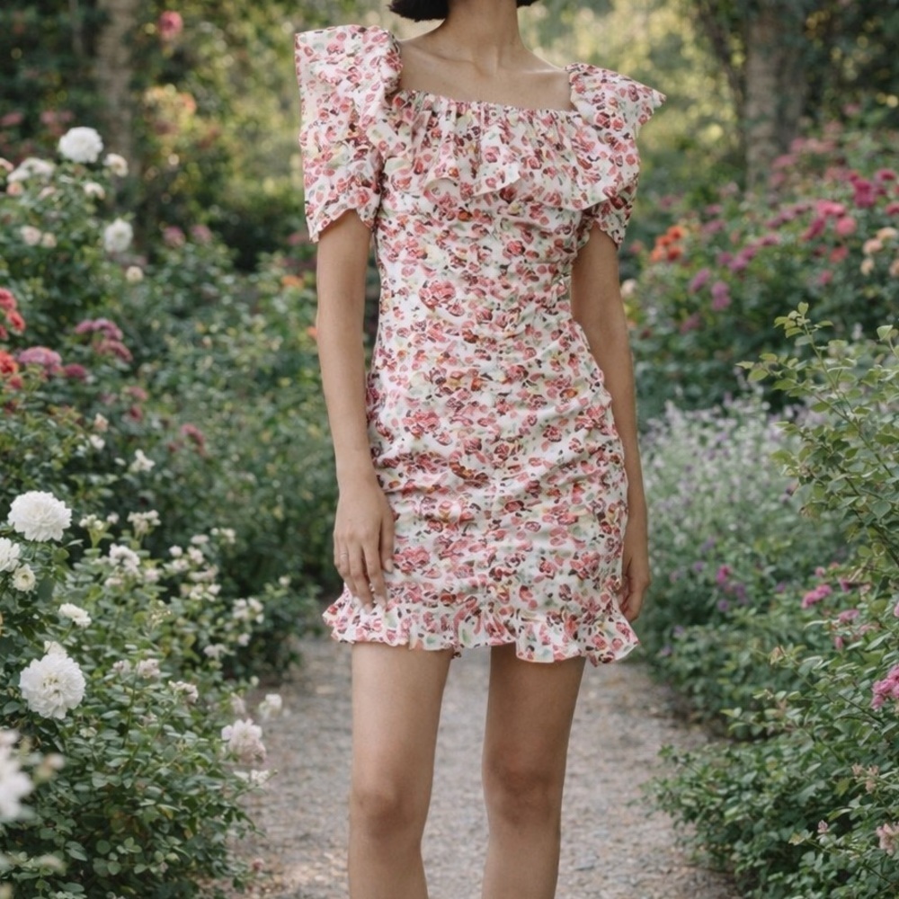 Zara Ruffled Ruched Pink Floral Mini Dress SIZE SMALL